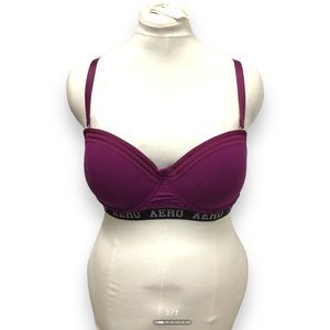 Aeropostale Ribbed Knit Push-Up Logo Band Underwire Bra, Eggplant, size 36DD